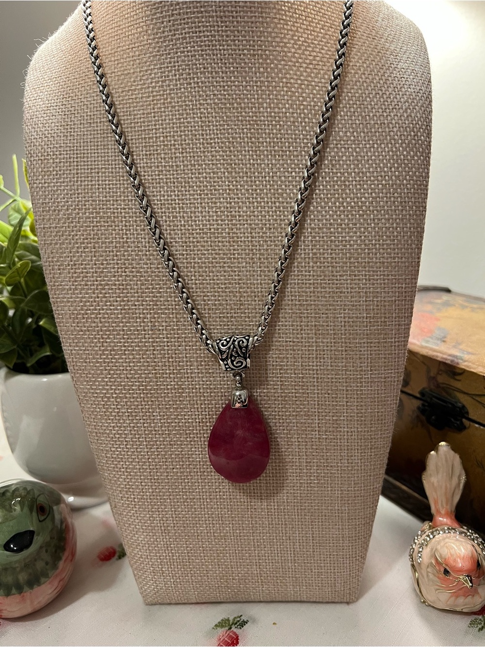 RARE Brighton Silver-Tone Necklace with Deep Pink Teardrop Pendant